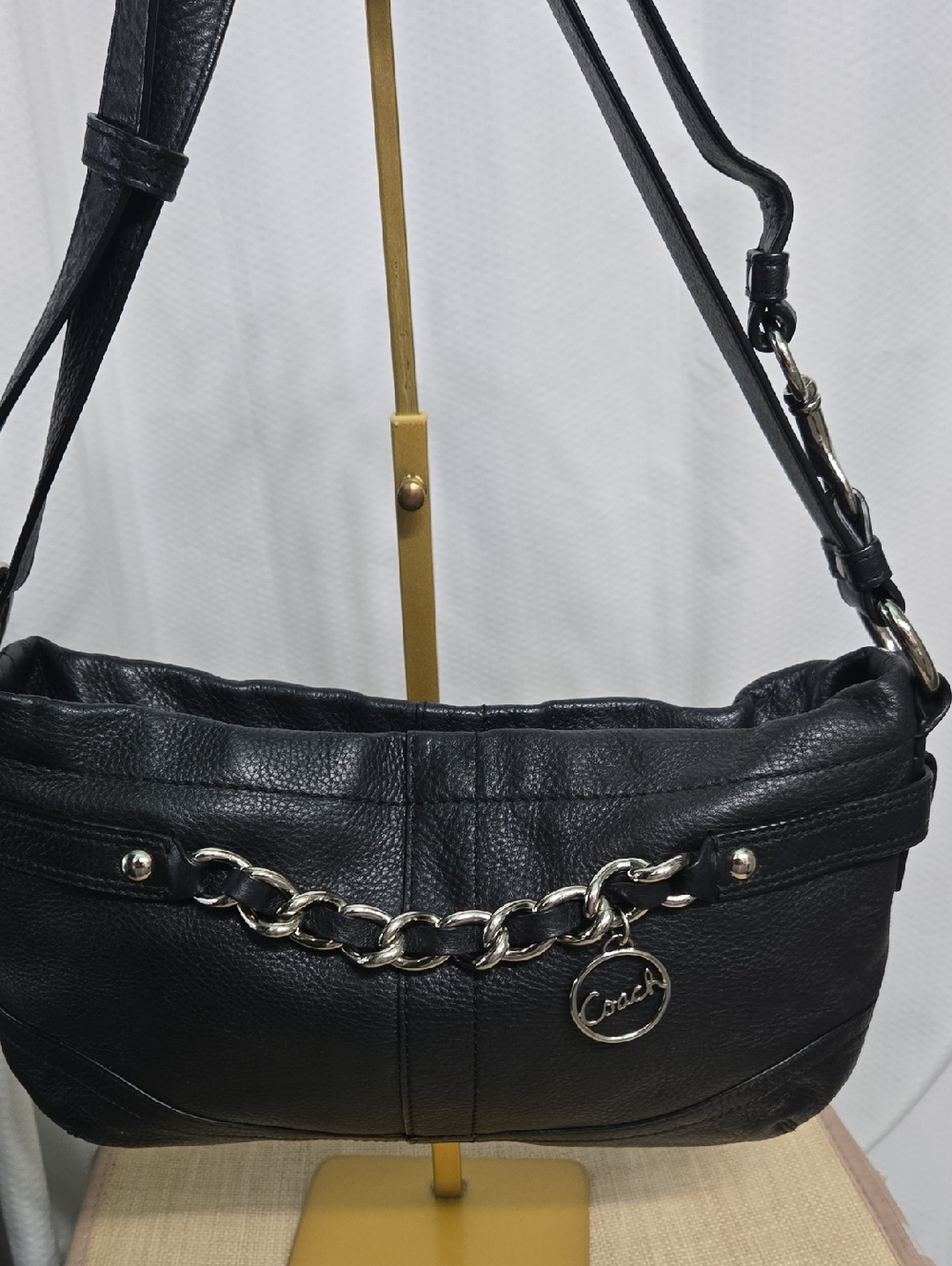Coach Black Leather Shoulder Bag with Silver Chain Charm